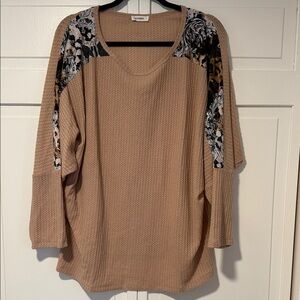 And the Why Tan Waffle Knit Women's Top w/ Animal Floral Shoulder Panels